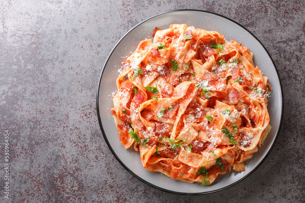 Pappardelle pasta with bacon and tomato sprinkled with parmesan cheese and chopped parsley closeup in the plate on the table. Horizontal top view from above Pappardelle pasta with bacon and tomato sprinkled with parmesan cheese and chopped parsley closeup in the plate on the table. Horizontal top view from above