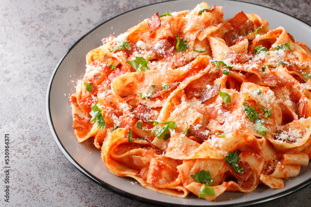 Pappardelle pasta with bacon and tomato sprinkled with parmesan cheese and chopped parsley closeup in the plate on the table. Horizontal Pappardelle pasta with bacon and tomato sprinkled with parmesan cheese and chopped parsley closeup in the plate on the table. Horizontal