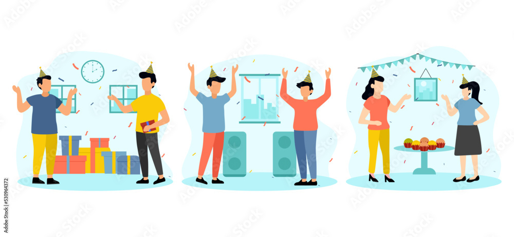 Birthday Party with Friends Scene Flat Bundle Design