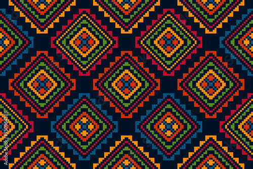 Ikat geometric pixel ethnic seamless home decoration design. Aztec fabric carpet boho mandalas textile decor wallpaper. Tribal native motif folk traditional embroidery vector 