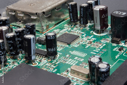 Dirty Electronic Circuit Board. Transistor Microchips.