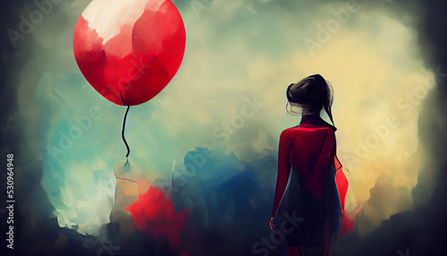 Woman with red balloons, digital illustration