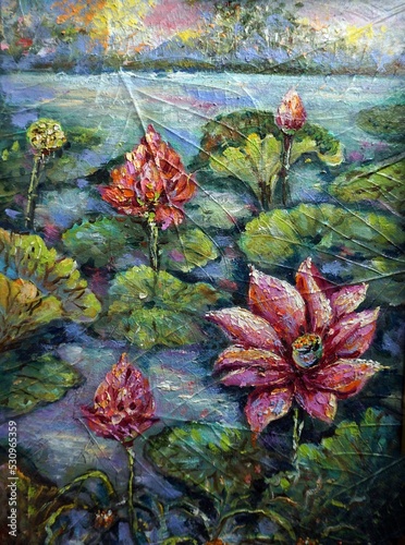  brush stroke , painting Abstract oil color Background , lotus flower , waterlily