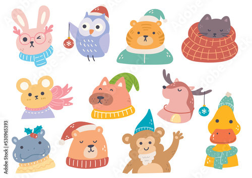 Set of Set of Cartoon Christmas Animal Vector Clip Art