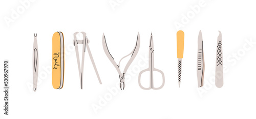 Tools for self-manicure. Scissors, nail files, as well as tweezers and wire cutters. photo
