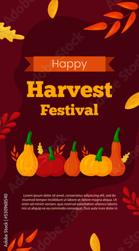 Vector vertical template banner invitation for Harvest festival. Autumn Thanksgiving day illustration. Pumpkins and leaves on brown background. Greeting card harvesting celebrate for social media.