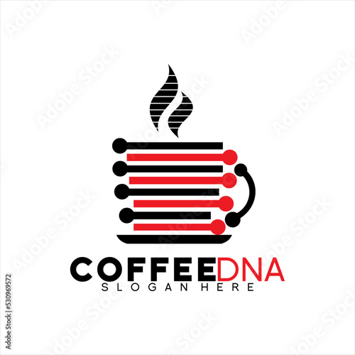 Vector logo design illustration of coffee mug with DNA molecule concept.