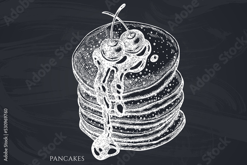 Breakfast hand drawn vector illustrations collection. Chalk pancakes.