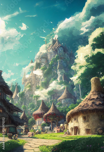 fantasy village in the mountains, concept art