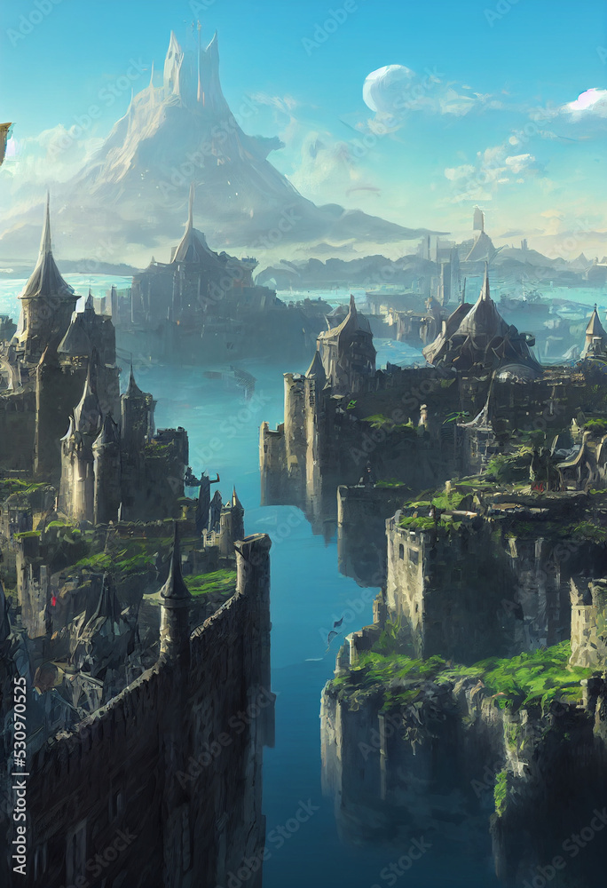 Fantasy background of a flying castle and city in the sky, Gaming Background, Phone Background, Concept art