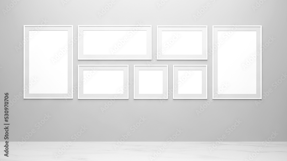 Empty frames collage mockup on the wall. White picture frames mockup on the wall. A horizontal and vertical frame for painting. Frames collage mockup hanging on a white wall. 3d illustration. Empty frames collage mockup on the wall. White picture frames mockup on the wall. A horizontal and vertical frame for painting. Frames collage mockup hanging on a white wall. 3d illustration.