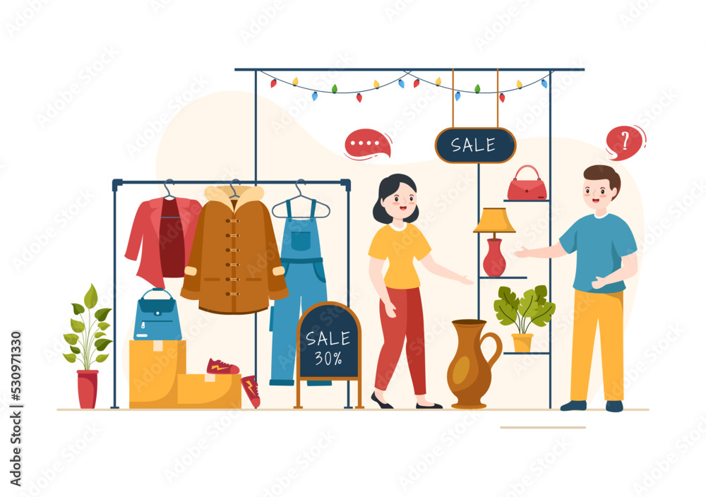 Flea Market Template Hand Drawn Cartoon Flat Illustration Second Hand