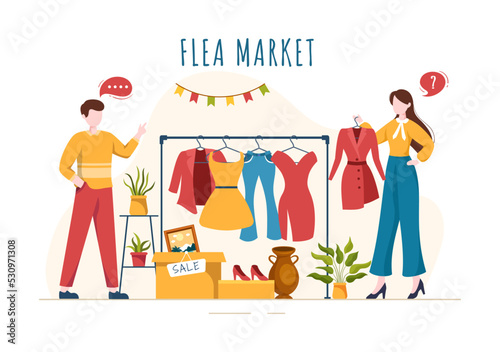 Flea Market Template Hand Drawn Cartoon Flat Illustration Second Hand Shop with Shoppers, Swap Meet, Sellers and Customers at Weekend
