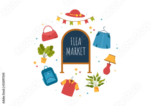 Flea Market Template Hand Drawn Cartoon Flat Illustration Second Hand Shop with Shoppers, Swap Meet, Sellers and Customers at Weekend