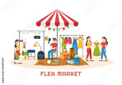 Flea Market Template Hand Drawn Cartoon Flat Illustration Second Hand Shop with Shoppers, Swap Meet, Sellers and Customers at Weekend