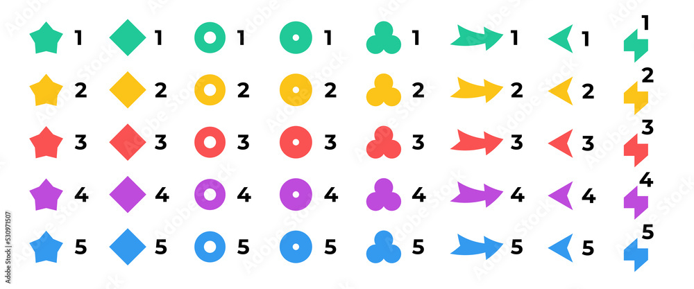 Bright colorful number bullet points collection. Different shapes for infographic 5 steps design - obrazy, fototapety, plakaty 
