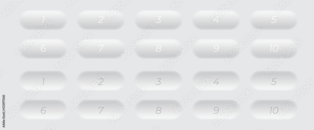 White neomorphic buttons with numbers. 1 to 10 bullet point
