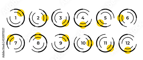 Modern geometric bullet point set. Colorful trendy markers with number from 1 to 12.