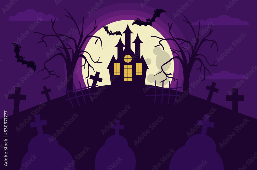 a scary house on a hill against the backdrop of a full moon and bats trees fences and graves