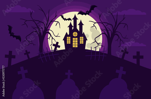 a scary house on a hill against the backdrop of a full moon and bats trees fences and graves