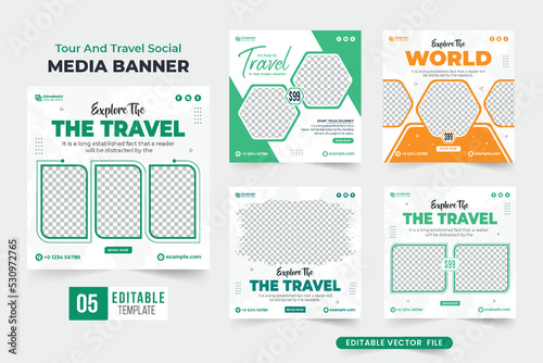 Travel agency promotion banner and social media post design bundle with green and orange colors. Tour and travel advertisement flyer template collection. Touring group web banner set for marketing.