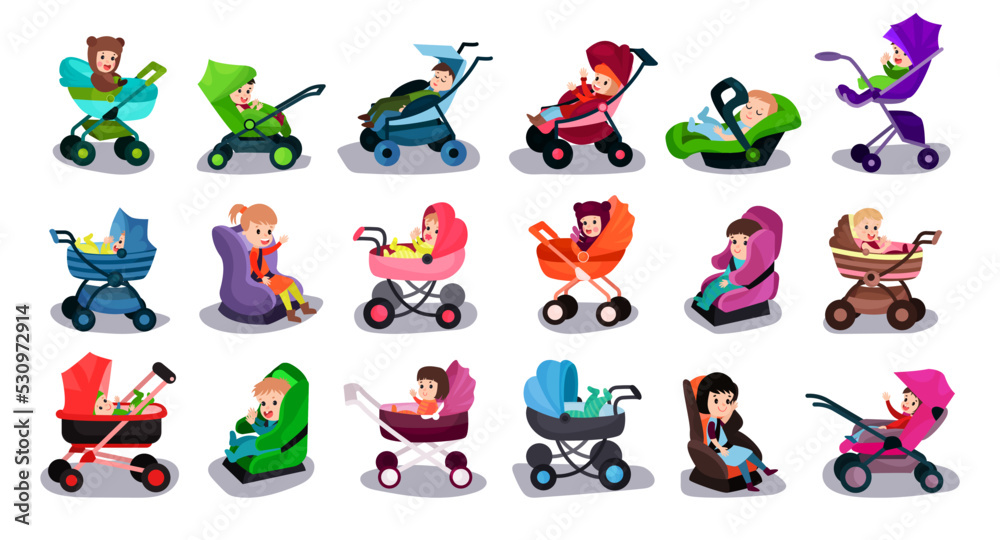 Children Sitting in Baby Carriage, Strollers and Booster Chairs Vector Set