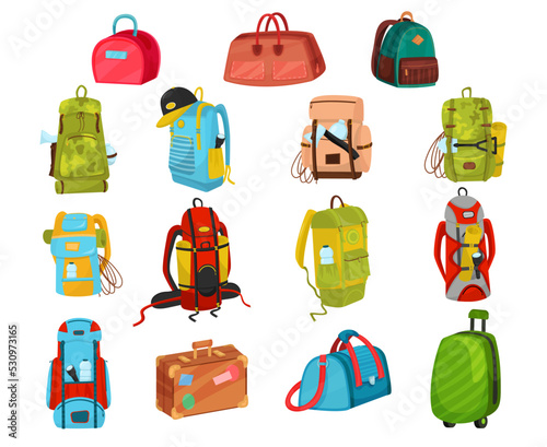 Bags with Camping Backpack, Suitcase and Travel Trunk Vector Set