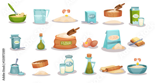 Ingredients for Baking with Flour, Eggs, Milk, Salt, Soda, Butter and Oil Vector Set