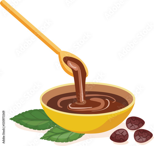 Hot chocolate bowl icon cartoon vector. Cocoa plant. Leaf nut