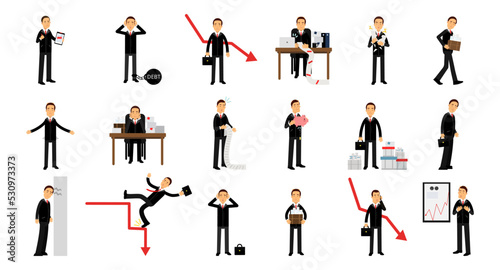 Bankruptcy with Business Manager Suffering from Loss and Being in Debt Vector Set