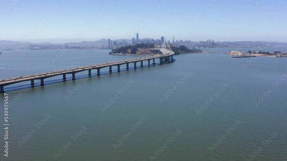 Aerial view towards the interstate 80 and the Yerba Buena Island, in sunny California, USA Aerial view towards the interstate 80 and the Yerba Buena Island, in sunny California, USA