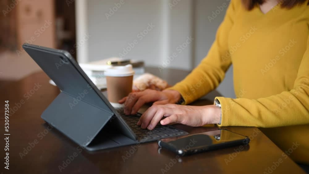 business woman using laptop computer at modern office with blurred background.