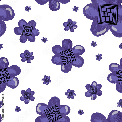watercolor pattern blue flower, forest poppy, geometric shape, square monochrome, vintage style