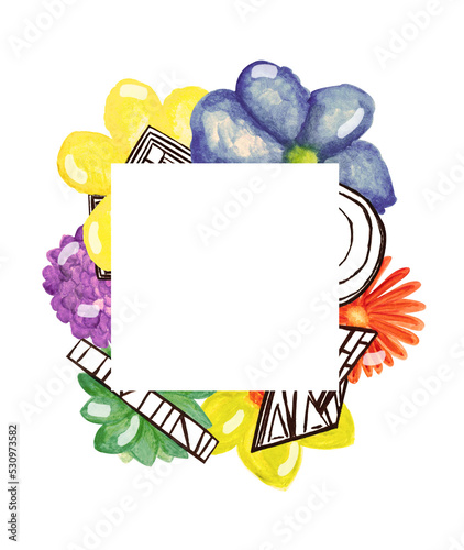 Watercolor frame card colorful flower, geometry shape on white background for your design