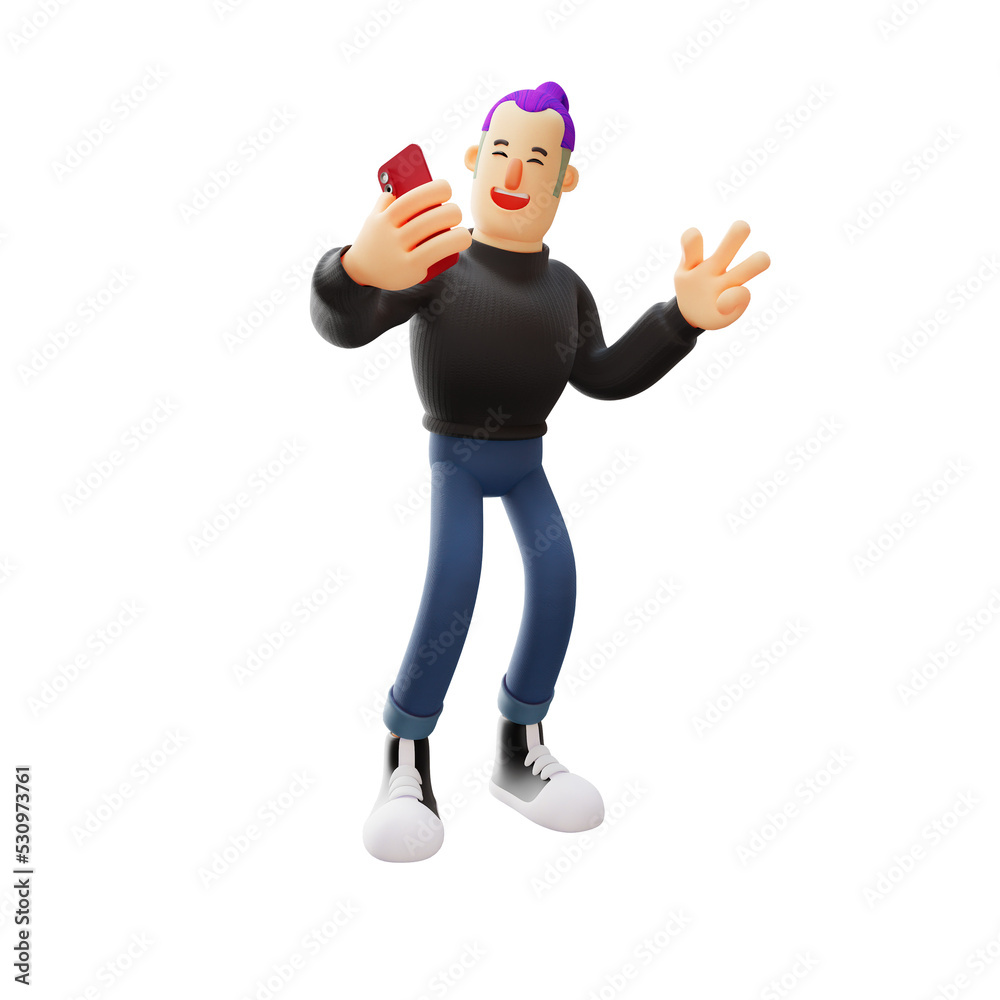 3D illustration. Happy Face Cool Man 3D Cartoon Character with a cell phone. with a pose showing a two-finger expression. with a happy expression. 3D Cartoon Character