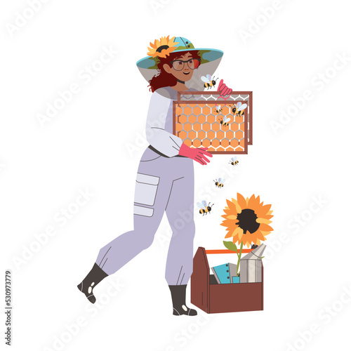 Equipped Woman Beekeeper or Apiarist with Honeycomb Gathering Sweet Honey Vector Illustration
