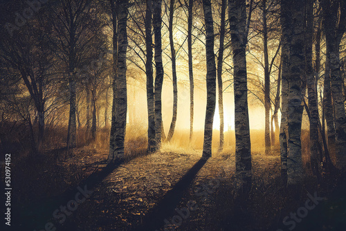 Misty foggy redwood  birch forest  lush foliage  digital illustration  digital painting  cg artwork  realistic illustration  3d render