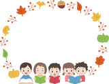 秋・読書をする子供達のフレーム素材イラスト