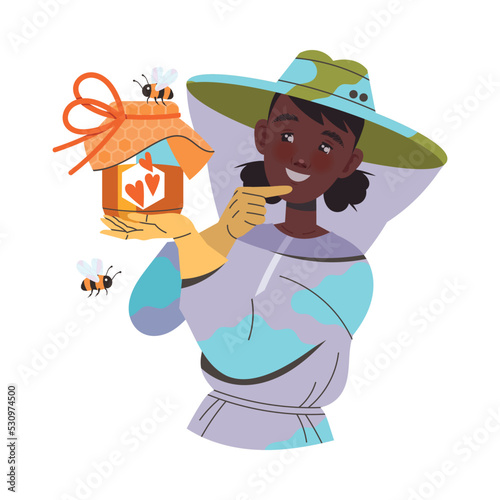 Smiling Woman Beekeeper or Apiarist Holding Jar with Sweet Liquid Honey Vector Illustration