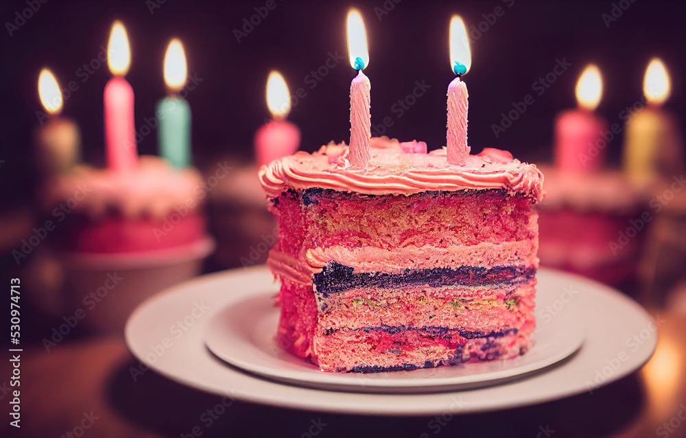 pink birthday cake with candles, digital illustration, digital painting ...