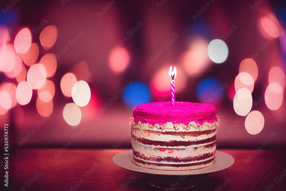 pink birthday cake with candles, digital illustration, digital painting ...