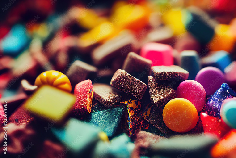 Close up photo of a pile of colorful sweet candies, digital
