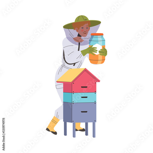 Equipped Man Beekeeper or Apiarist Gathering Sweet Honey from Beehive Vector Illustration