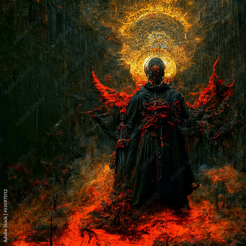 Horror concept of an abstract demon figure wearing a black dress with a fire halo on his head.