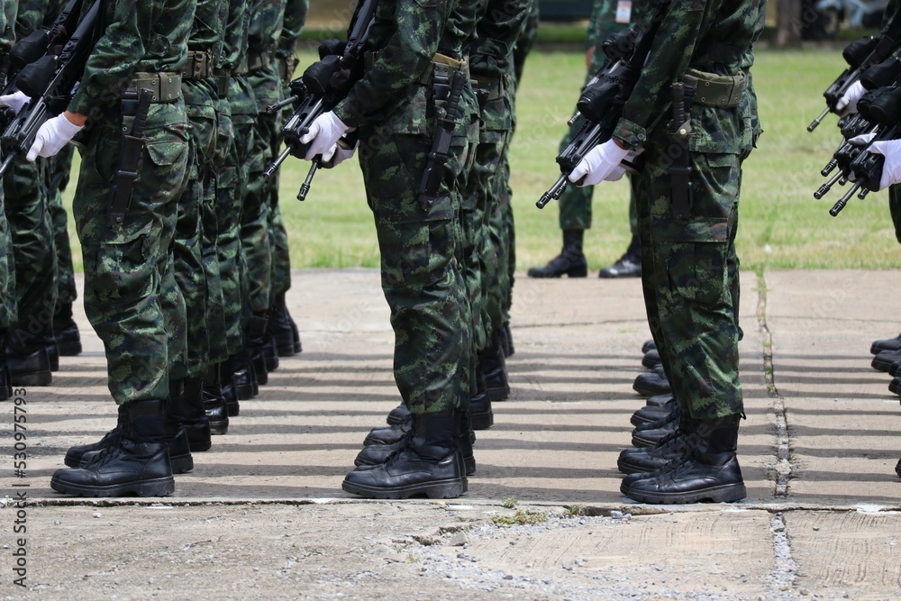 A group of soldiers standing in a straight line posture Receive military training in addition to combat tactical training, you must train for strength. A group of soldiers standing in a straight line posture Receive military training in addition to combat tactical training, you must train for strength.
