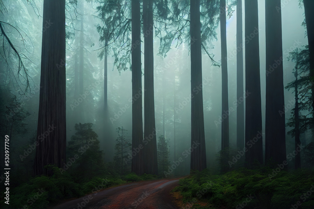 Fototapeta premium Misty foggy redwood, birch forest, lush foliage, digital illustration, digital painting, cg artwork, realistic illustration, 3d render