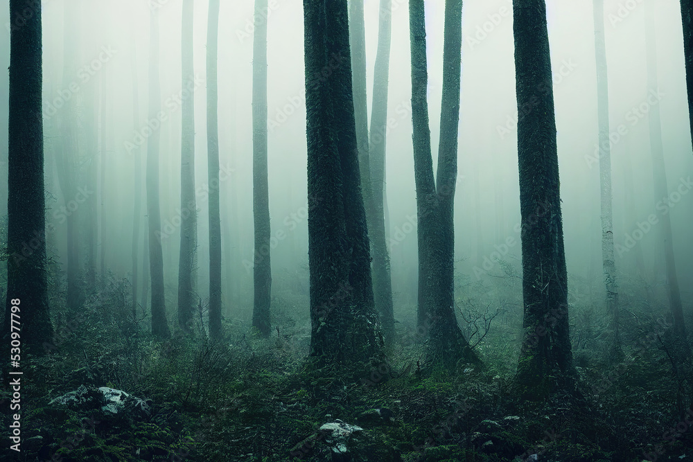 Fototapeta premium Misty foggy redwood, birch forest, lush foliage, digital illustration, digital painting, cg artwork, realistic illustration, 3d render