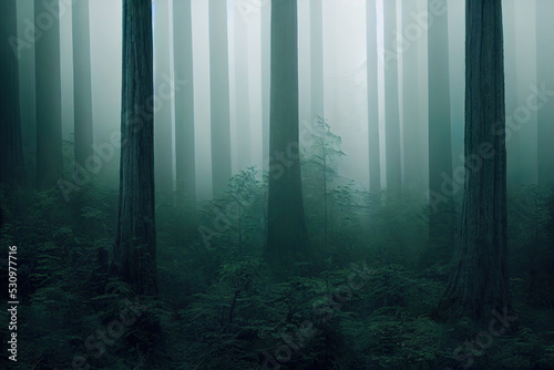 Misty foggy redwood  birch forest  lush foliage  digital illustration  digital painting  cg artwork  realistic illustration  3d render