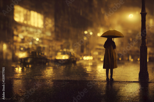 Young woman standing in the rain in the city, digital illustration, digital painting, cg artwork, realistic illustration, 3d render