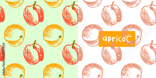 Apricot seamless pattern. Vector nectarine wallpaper. Sketch art peach background for organic baby food label, yogurt packaging design, vegan banner, fruity ornament. Peach backdrop for jam package.